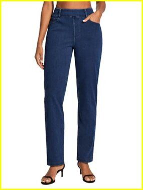 Stretchy Straight Leg Jeans Women Pull On High Waisted Tummy Control Denim